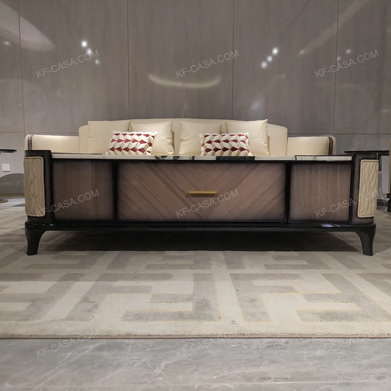 Rectangular Coffee Table with Marble-Effect Top and Natural Wood Veneer Detailing